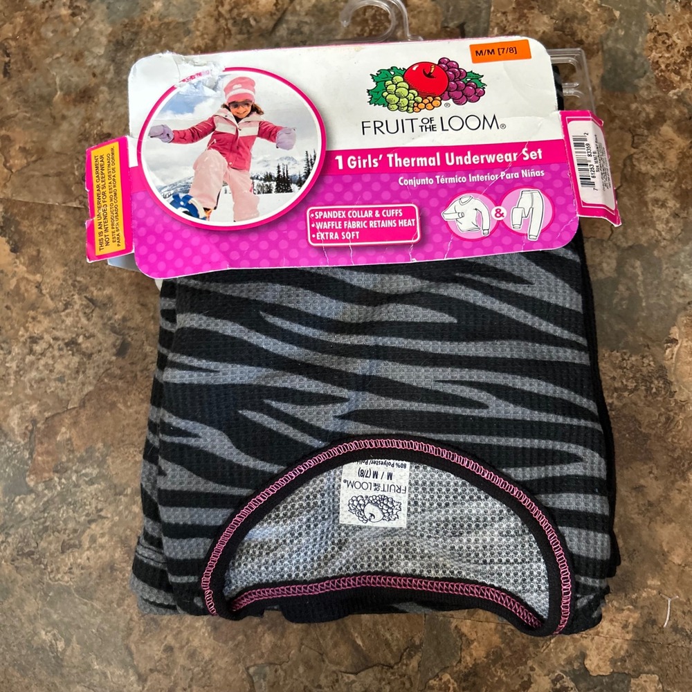 Fruit Of The Loom Thermal Underwear Set Girls Size Medium 7/8 Gray Black Leopard
